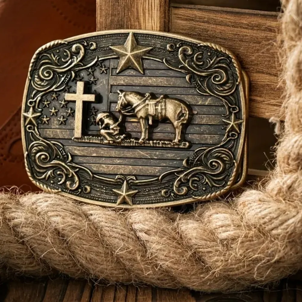 New Mens Western Praying Cowboy At The Cross And Horse Western Belt Buckle